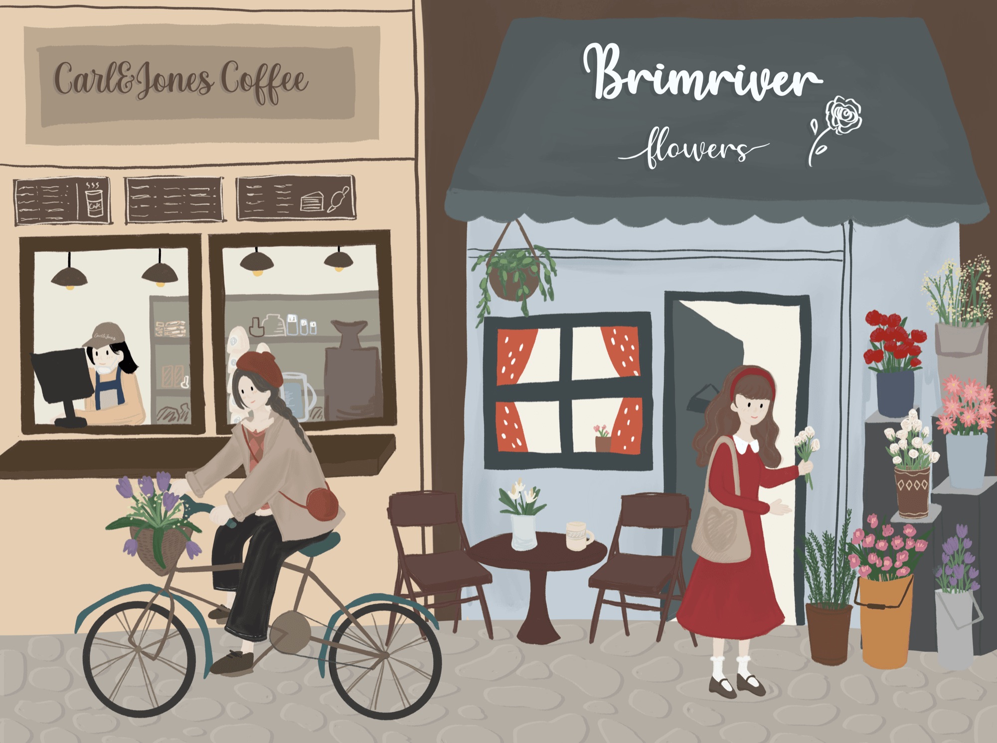 Corner Peak of Brim Street illustration of a cafe and flower shop storefront